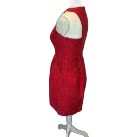 Shoshanna Dress Size 2 Red Gold Damask Pockets Metallic Corset Fit Flare - Picture 3 of 8